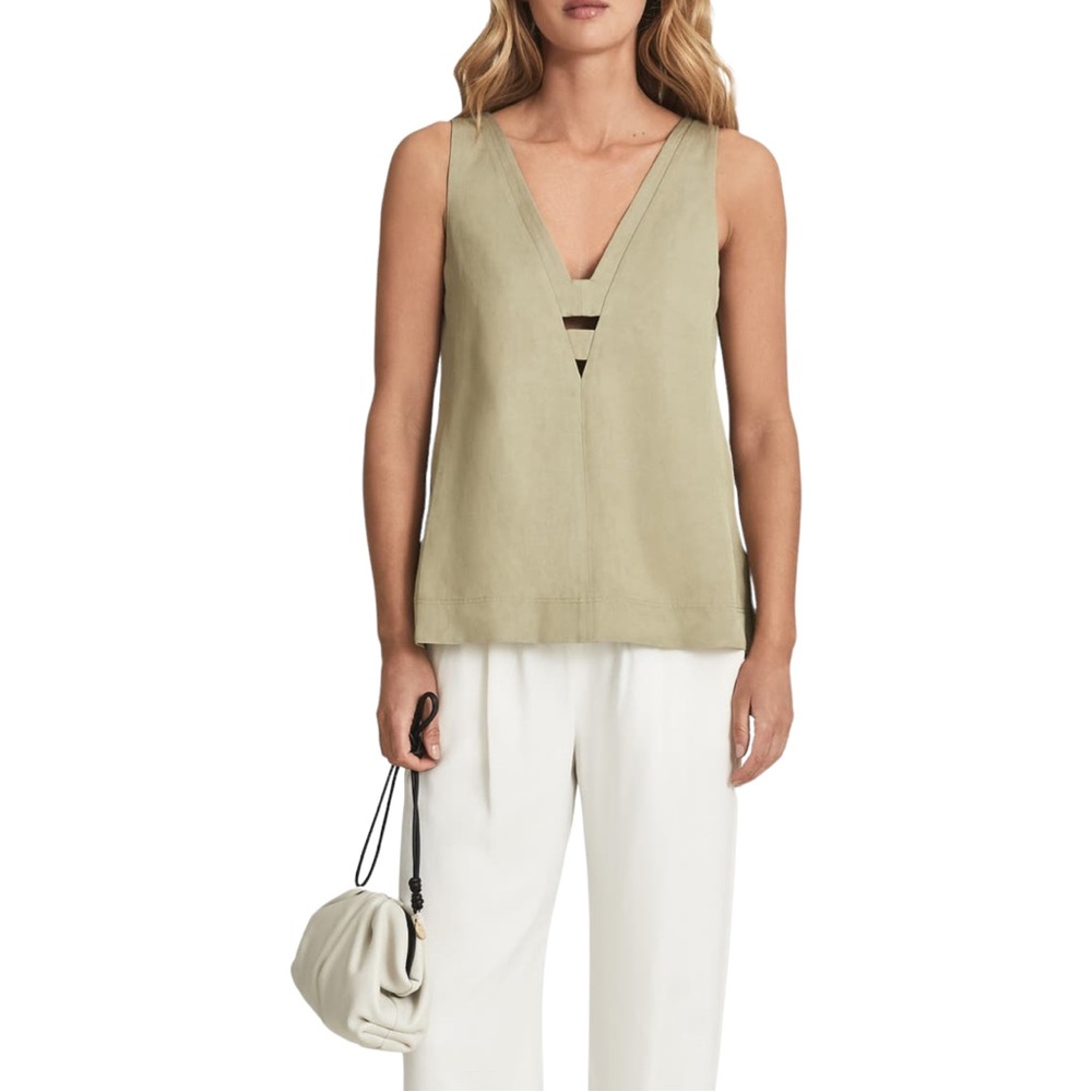 Reiss Emi Linen Blend V-Neck Cutout Tank in Khaki (0)